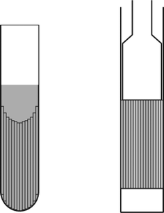 Schematic diagram of the NMR samples containing stacked capillaries. Left: flexible capillaries in a 4 mm EPR tube; right: glass capillaries in a 5 mm Shigemi tube.