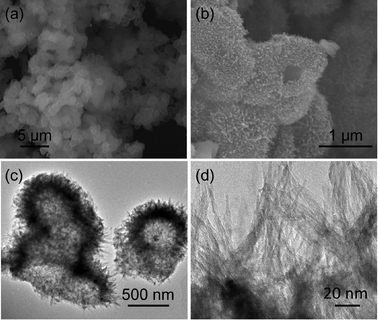 (a and b) SEM images and (c and d) TEM images of the urchin-like hollow Co(CO3)0.5(OH)·0.11H2O nanospheres.