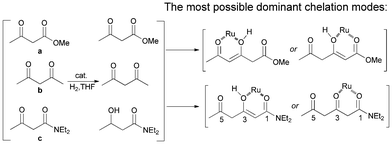 Proposed chelation modes in the hydrogenation reaction.