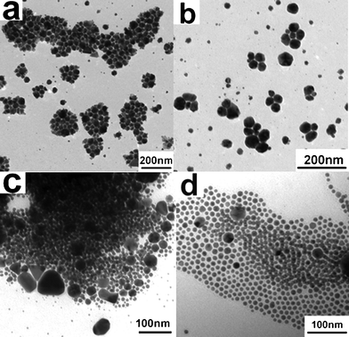 TEM images of the Ag NC samples taken at (a) 130, (b) 160, (c) 200, and (d) 260 °C, respectively.