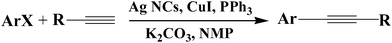 The chemical formula for the coupling of aryl halides with terminal alkynes by using Ag NCs as the catalyst.