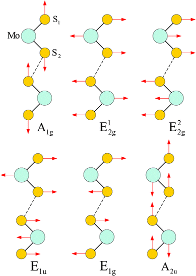 Atomic displacements of the four Raman active modes (A1g, E12g, E22g and E1g) and the two IR active modes (E1u, A2u) of bulk MoS2 crystal, as viewed along the [1000] direction.