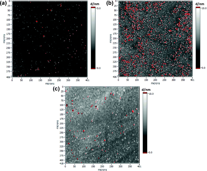 Imaging ellipsometry of surface modification on SiO2 (silicon wafer). Characterization after deposition of (a) 4-phenylazo-(4′-(11-dimethylchlorosilanyl)-undecyloxy)benzene (PAS), (b) 4-(4′-pentyl)phenylazo-(4′-(11-dimethylchlorosilanyl)-undecyloxy)benzene (PPAS) and (c) 4-(4′-pentyloxy)phenylazo-(4′-(11-dimethylchlorosilanyl)-undecyloxy)benzene (POPAS), at λ = 532 nm; n(Si) = 4.1653; k(Si) = 0.049; n(SiO2) = 1.4605; k(SiO2) = 0; d(SiO2) = 2.2 nm ± 0.7 nm (measured); n(organosilane) = 1.5; k(organosilane) = 0.