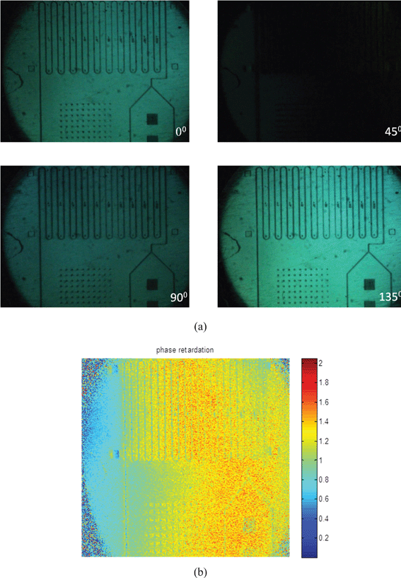 Typical (a) phase shifted and (b) phase retardation images of injection molded micromixer using a grey-field polariscope at different analyzer positions.