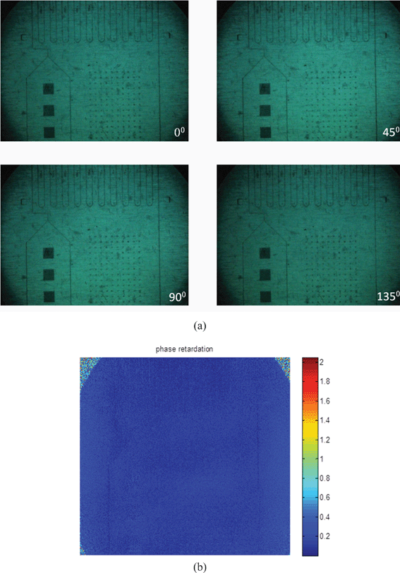 Typical (a) phase shifted and (b) phase retardation images of hot embossed micromixer using a grey-field polariscope at different analyzer positions.