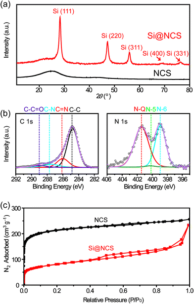 (a) XRD patterns of Si@NCS and NCS. (b) XPS data measured in the regions of C 1s and N 1s for Si@NCS. (c) BET isotherms for Si@NCS and NCS.