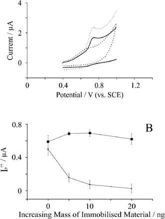 A: Cyclic voltammetric response resulting from the electrochemical oxidation of 19 μM guanine in pH 7.2 PBS utilising bare BPPG (solid line); BPPG modified with 5 ng surfactant-free graphene (dashed line); and BPPG modified with 5 ng graphite (dotted line). B: Observed voltammetric peak current (Ip) as a function of the increasing mass of immobilised material for (circles) graphite modified BPPG; and (squares) graphene modified BPPG. The error bars quoted are the standard deviations calculated (N = 5).