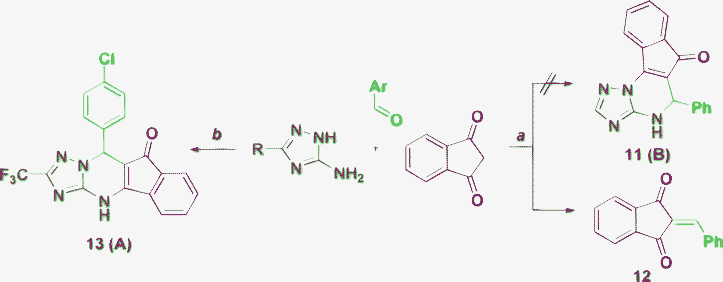 Reaction of indanedione under reaction conditions: a) EtOH, reflux, 8 h52; b) Me3SiCl, DMF, 20 °C, 23–47 h.51