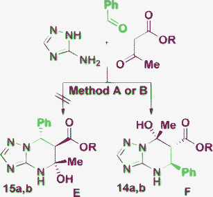 Problem in the structure determination for the product E/F obtained using the reaction conditions: water, rt, 4 h (Method A); MeOH, HCl, 40 °C, 16 h (Method B); a: R = Me, b: R = Et.