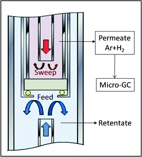 Schematic illustration of the permeation rig used, having two chambers separated by a gold-sealed dense ceramic membrane.