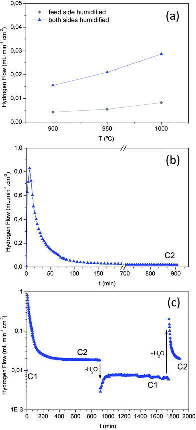 Hydrogen flux through the BaZr0.8Y0.15Mn0.05O3-δ membrane: (a) flux as a function of temperature in two configurations: (i) when the feed side was humidified and (ii) when both feed and sweep sides of the membrane were humidified (the measurements were performed with a mixture of 50% H2 in He as the feed gas); (b) time stabilization of hydrogen flux at 1000 °C when the sweep gas is switched from wet to dry argon; and (c) flux at 1000 °C as a function of time, with several transitions from wet to dry argon sweep and vice versa. (Stages where water was added or removed are additionally notified by arrows.)