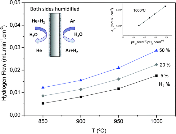 Hydrogen flux through the BaZr0.8Y0.15Mn0.05O3-δ membrane as a function of temperature and hydrogen partial pressure when both sides (feed and sweep) of the membrane are humidified.