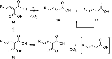 Decarboxylation of α,β-unsaturated malonic acids via β,γ- unsaturated intermediate.