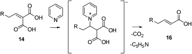 Decarboxylation of α,β-unsaturated malonic acids catalyzed by pyridine.