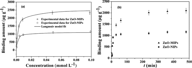 Adsorption isotherms of SMZ on the ZnO-MIPs A and ZnO-NIPs B (a). Adsorption conditions: V = 10 mL, m = 5.0 mg, Ci = 0.0005–0.10 mmol L−1, time 12 h, temperature 25 °C. Adsorption kinetics of SMZ on the ZnO-MIPs A and ZnO-NIPs B (b). Adsorption conditions: V = 10 mL, m = 5.0 mg, C = 0.05 mmol L−1, temperature 25 °C.