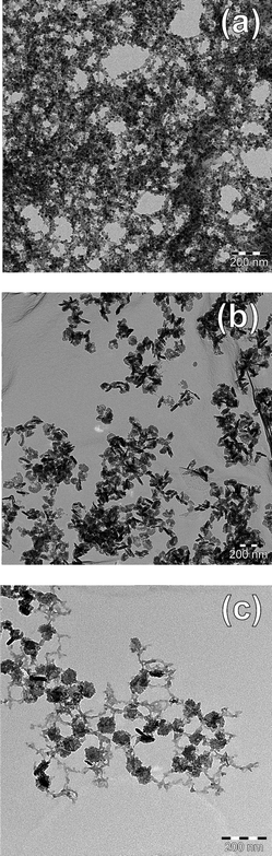 TEM micrographs of ZnO particles prepared in the presence of carboxylic acid modified PBD macromolecular additives. PBD–COOH-65 (a), PBD–COOH-85 (b) and PBD–COOH-97 (c).