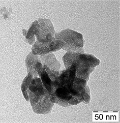 TEM micrograph of hexagonal ZnO nanoplates prepared with perchlorate anions as structure-directing additives.