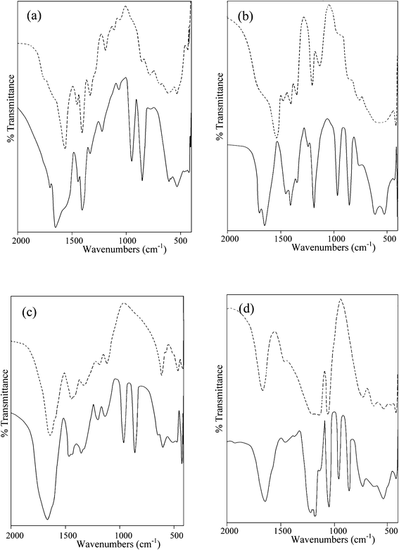 FTIR spectra of (a) PA (dashed line) and PAW (solid line), (b) PMA (dashed line) and PMAW (solid line), (c) PAm (dashed line) and PAmW (solid line) and (d) PVS (dashed line) and PVSW (solid line).