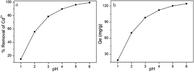 Effect of pH on the adsorption of Cd2+ onto MM. (a) The percentage removal of Cd2+ of different pH. (b) The adsorption amount of different pH (adsorption conditions: initial Cd2+ concentration = 250 mg L–1, adsorbent dose = 2 g L–1, contact time = 2 h, temperature = 298 K).