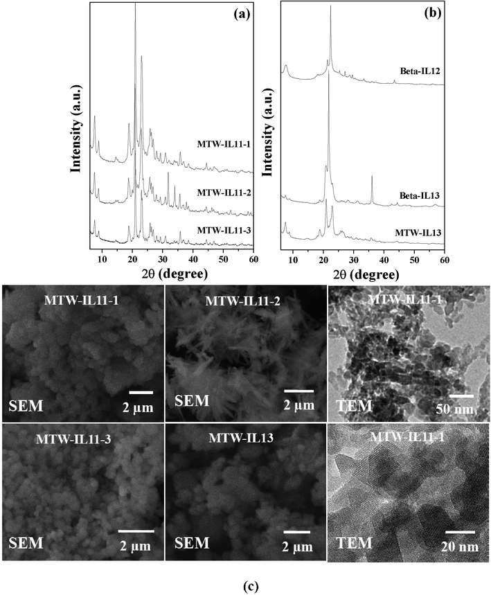 (a) XRD patterns of MTW-IL11-1, MTW-IL11-2 and MTW-IL11-3, (b) XRD patterns of Beta-IL12, Beta-IL13 and MTW-IL13, (c) SEM images of MTW-IL11-1, MTW-IL11-2, MTW-IL11-3 and MTW-IL13 and TEM images of MTW-IL11-1.