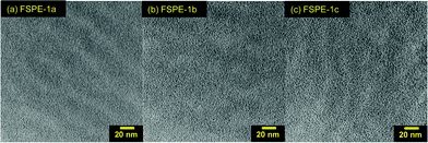 STEM images of (a) FSPE-1a (IEC = 1.09 meq g−1), (b) FSPE-1b (IEC = 1.05 meq g−1), and (c) FSPE-1c (IEC = 0.87 meq g−1) membranes.