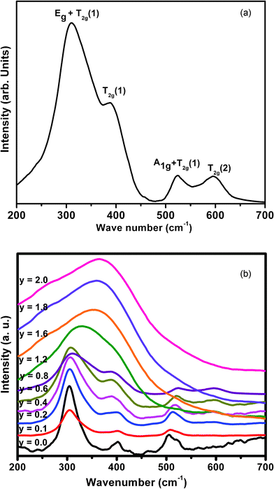 (a) Room temperature Raman spectrum of Nd1.2Ho0.8Zr2O7; (b) Room temperature Raman spectra of all compositions in the series Nd2−yHoyZr2O7 (0.0 ≤ y ≤ 2.0).