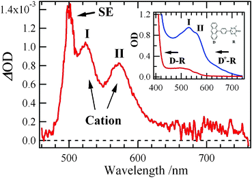 A difference spectrum between the 100 ps and 7 ps pump–probe spectra in 1. The inset indicates the UV-vis absorption spectra of phenyl-anthracene linked to the verdazyl radical (D-R) and its cationic species (D+-R) generated by electrochemical oxidation. The electrochemical oxidation occurs only partly, and hence neutral and cationic states coexist in the spectrum of D+-R.