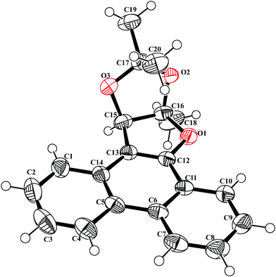 ORTEP diagram of 9a,11,11-trimethyl-9a,12a-dihydrophenanthro[9',10':4,5]furo[2,3-d][1,3]dioxole 3 (CCDC 813673) with crystallographic numbering.