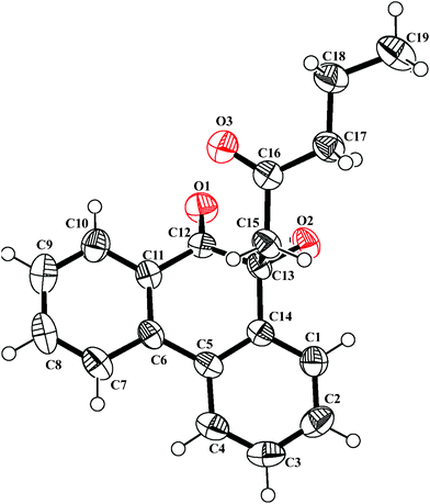 ORTEP diagram of 10-hydroxy-10-(2-oxopentyl)phenanthren-9(10H)-one 2b (CCDC 797133) with crystallographic numbering.