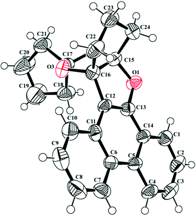 ORTEP diagram of (9aS,12aS)-11,12-dihydro-10H-spiro[9a,12a-(epoxymethanooxy)cyclopenta[b]phenanthro[9,10-d]furan-14,1'-cyclopentane] 17 (CCDC 805644) with crystallographic numbering.