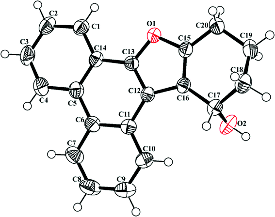 ORTEP diagram of 10,11,12,13-tetrahydrophenanthro[9,10-b]benzofuran-13-ol 19 (CCDC 811040) with crystallographic numbering.