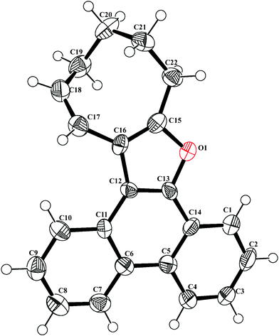 ORTEP diagram of (Z)-10,11,12,13-tetrahydrocycloocta[d]phenanthro[9,10-b]furan 24b (CCDC 805643) with crystallographic numbering.
