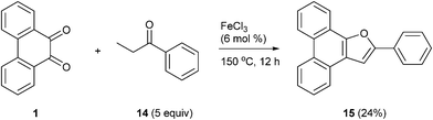 Condensation of PQ 1 with propiophenone 14 provides 2-phenylfuran 15 under FeCl3 catalysis.