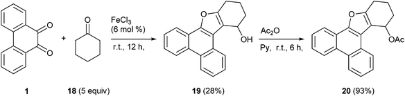 FeCl3 catalyzed condensation of PQ 1 with cyclohexanone 18 to provide 19 and subsequent acetylation to 20.