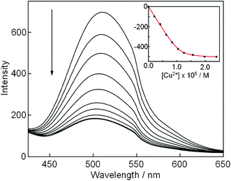 Change in fluorescence spectra of gel film (30 × 10 × 1 mm, 1 = 1.25 × 10−5 M) after immersion in Cu2+ in HEPES aqueous solution (5 mM, pH = 7.0, 3.0 mL) for 30 min: λex = 340 nm. Inset: fluorescent intensity changes at 511 nm plotted as a function of incremental amounts of Cu2+.