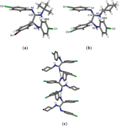 Molecular structures of (a) 5b and (b) 5n; (c) zigzag hydrogen bonded chain of 5n propagated along the b-axis.