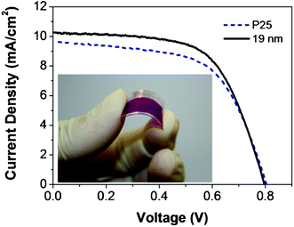 
          J–V curves for flexible DSSCs fabricated on plastic substrates. 19 nm particles or P25 were used as the mesoporous layer and large particles (∼200–300 nm) were used as light scattering layers. The inset shows a typical TiO2 film, formed by EPD and compression on ITO–PEN, sensitized with the D149 dye.