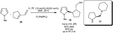 Enantioselective conjugate addition of N-methylpyrrole to cyclopent-1-ene carbaldehyde.