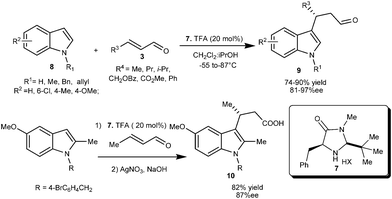 Enantioselective conjugate addition reaction of indoles with enals catalyzed by imidazolidinone (7).