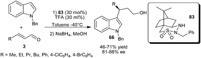 Camphor sulfonyl hydrazine catalyzed enantioselective conjugate addition of N-benzylindole to enals.