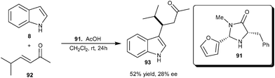 Enantioselective alkylation of indole with enone catalyzed by imidazolidinone.