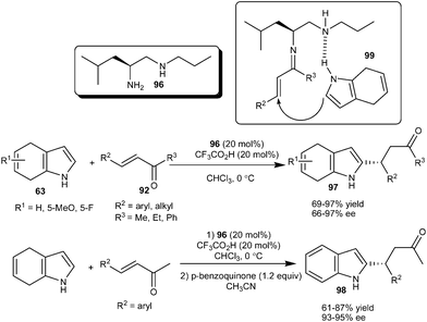 Leucine derived diamine catalyzed enantioselective conjugate addition of 4,7-dihydroindoles to enones.