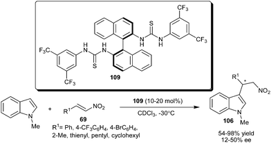 Chiral bisarylthiourea catalyzed conjugate addition of N-methyl indole with nitroalkenes.