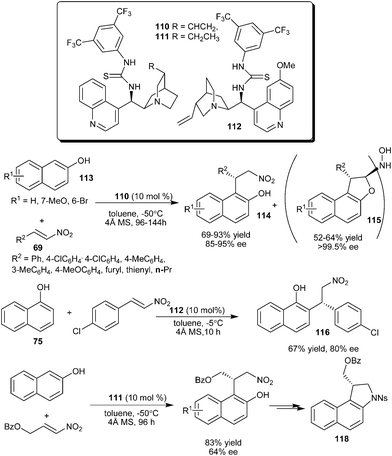 
            Cinchona derived thiourea-tertiary amine catalyzed enantioselective conjugate addition of naphthols to nitroolefins.