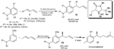Enantioselective conjugate addition of substituted anilines to enals and stereoselective synthesis of (+)-curcuphenol.