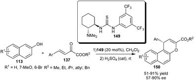 Takemoto's catalyst catalyzed addition–cyclization reaction between 2-naphthols and β,γ-unsaturated α-keto esters.