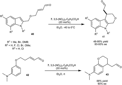 Enantioselective intramolecular alkylation of various indolyl α,β-unsaturated aldehydes and phenoxyl α,β-unsaturated aldehyde.