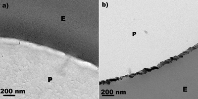 Transmission electron microscopy (TEM) of a) polyester sample alone (E: epoxide, P: polyester, b) for a TiN (3 min) polyester sputtered sample.
