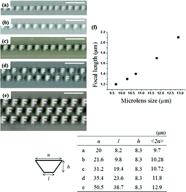 (a–e) OM images projected through MLAs with various numbers. Detailed information on the trapezoidal channels is shown in the table. All scale bars indicate 25 μm. (f) Focal length as a function of size of the TFCD microlens. The focal length increased almost linearly with TFCD size.