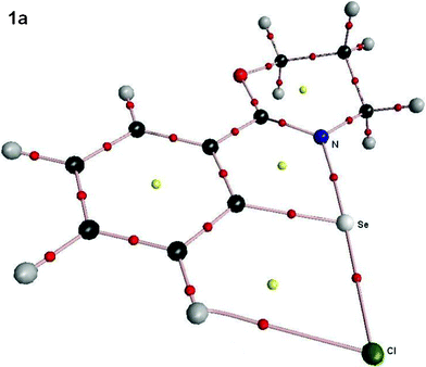 Molecular plot of 1a (X = Cl) showing Se⋯N and Se⋯H bond critical points (small red spheres) and the corresponding ring critical points (yellow spheres) arising due to intramolecular interactions.